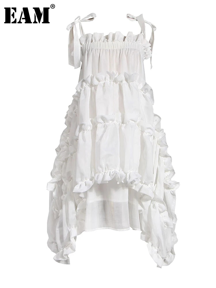 [EAM] Women Irregular Ruffles Spaghetti Strap Dress New Round Neck Long Sleeve Loose Fit Fashion Tide Spring Autumn 2026 1W571