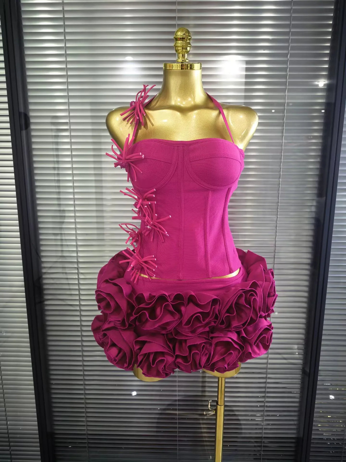 High Quality Black Red Women Sexy Halter Full Florals 2 Pieces Set Bodycon Mini Bandage Dress Celebrate Nightclub Party Wear