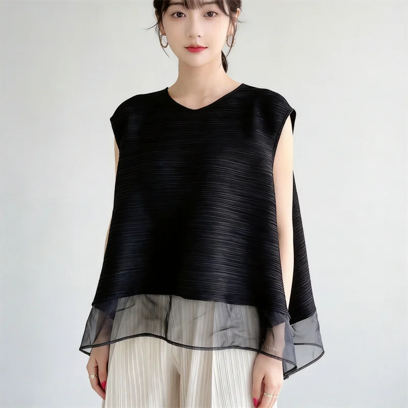 Miyake Light Purple Pleated Women's T-shirt Double Layer Crew Neck Sleeveless Casual Daily Meash Patchwork Hem Tee