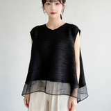 Miyake Light Purple Pleated Women's T-shirt Double Layer Crew Neck Sleeveless Casual Daily Meash Patchwork Hem Tee
