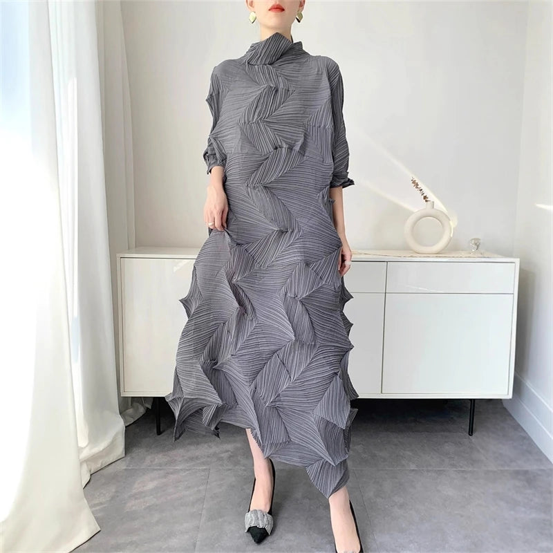 LANMREM Pleated Long Dress For Women Elastic Loose Irregular Pleated Stand Collar Pullover Famale Clothing Half Sleeve 2DB4256