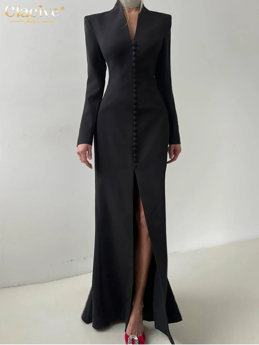 Clacive Sexy Slim White Women's Dress 2025 Fashion V-Neck Long Sleeve Ankle Length Dresses Elegant Classic Slit Female Dress