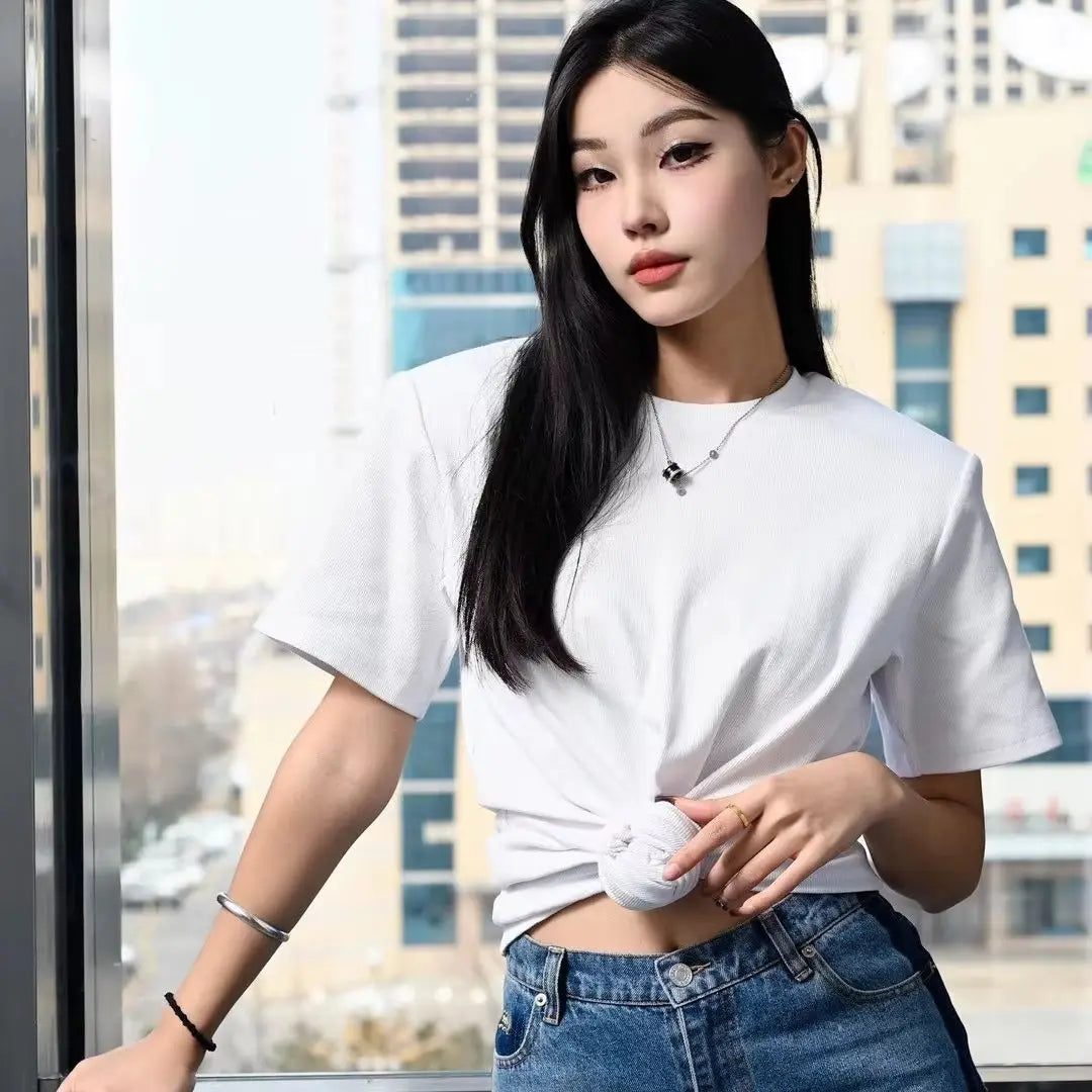 Y2k Knotted Twist Tee Women's T-Shirt Summer New Elastic Short Sleeved Solid Color Top Round Neck Pullover Pure Cotton Crop Top