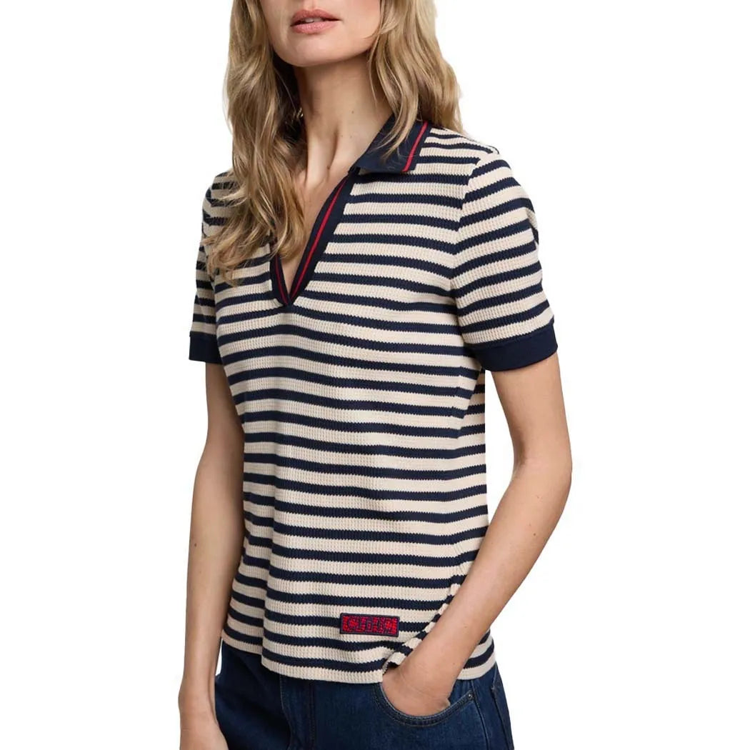 CHCH Women Stripe Tops Summer Embroidery Short Sleeve Casual Simple Classics Patchwork Knitted T-Shirt Office Ladies Tees