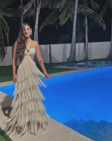 2025 New Tassel Skirt Set Women A Line Skirt High Waist Beach Skirt Crossover Top Summer Beach Holiday Party Bathing Suit