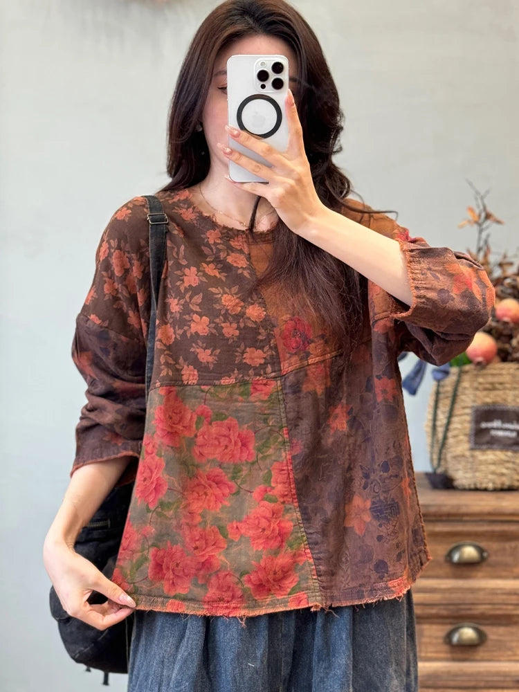 Amax LuluE Chinese Womens Spring Fashion Floral Vintage T-shirts Ladies Loose Casual O Neck Clothes Classic Printed Cotton Tops