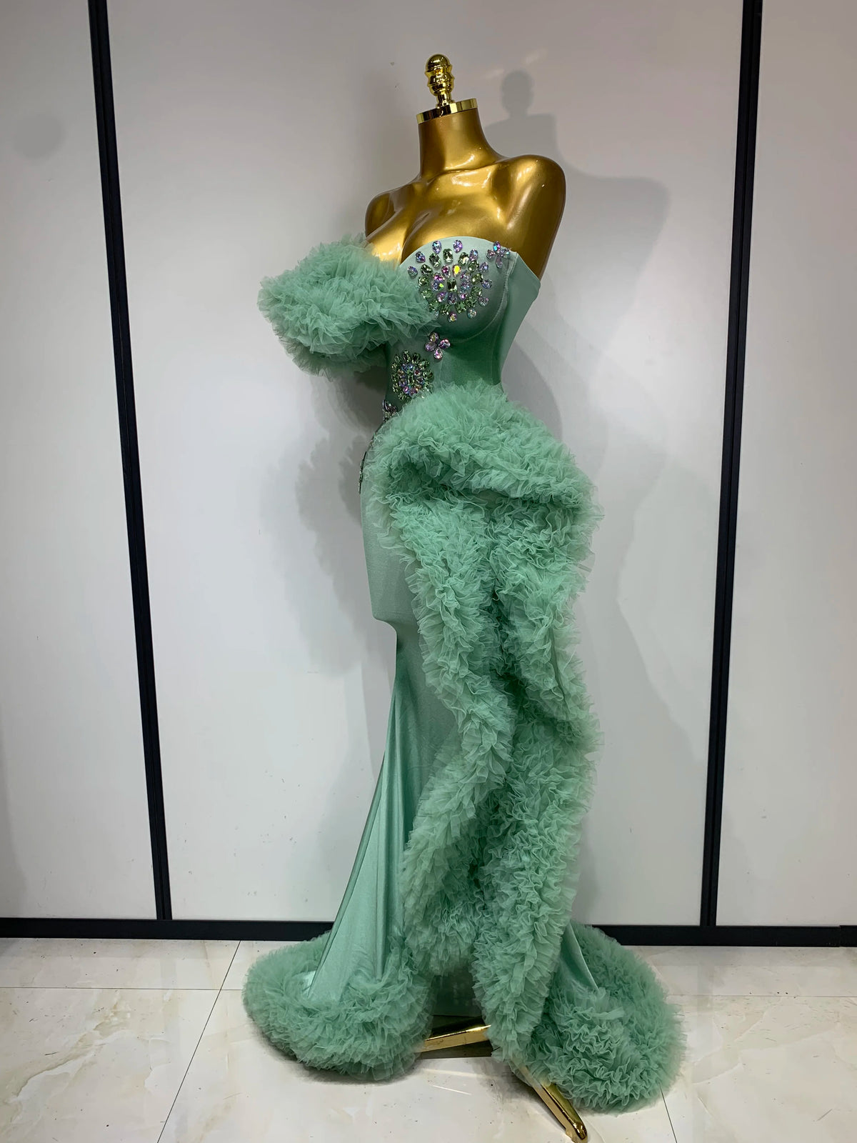 Women Luxury Sparkly Rhinestones Puff Mesh Strapless Maxi Long Spandex Dress Runway Wedding Birthday Photo Shoot Dresses