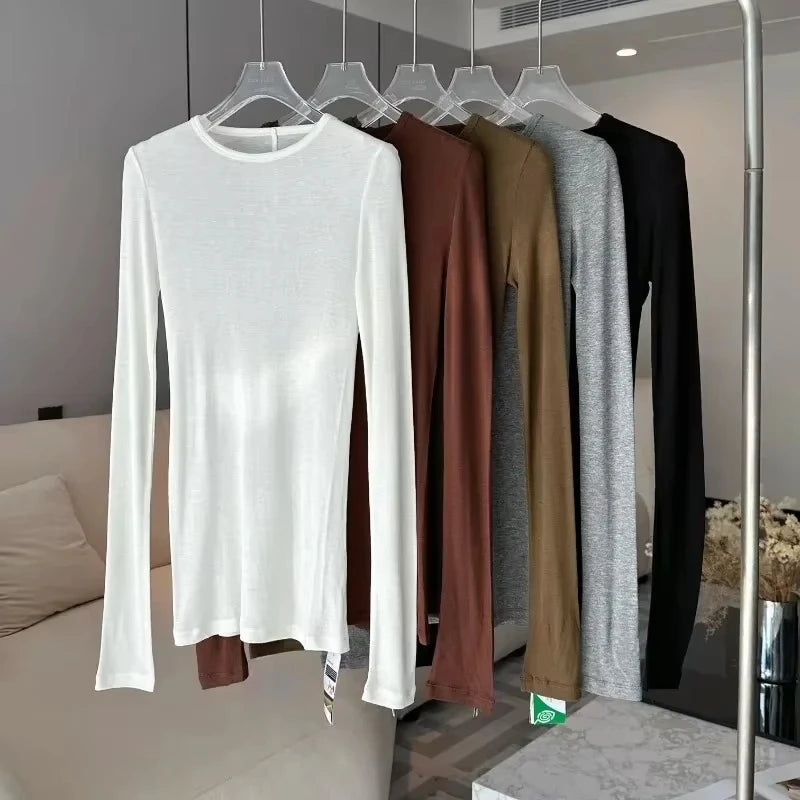 Spring Basic Wool Blending Base Layer Tops Women T Shirt