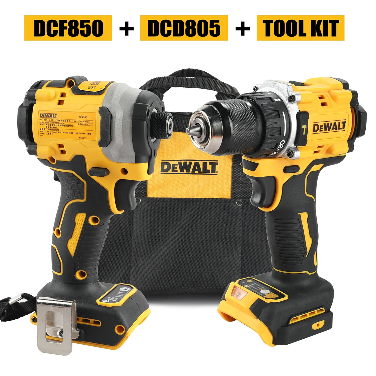 DeWalt DCF805 & DCD850 20V MAX Lithium - Ion Brushless Combo Kit - 2 - in - 1 Cordless Screwdriver & Impact Drill with Tool Bag