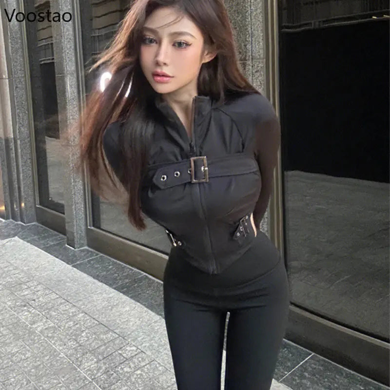 Y2k Aesthetic T-shirts Women Streetwear Harajuku Metal Buckle Black Punk Clothes Tops Gothic Female Sexy Chic irregular Tees