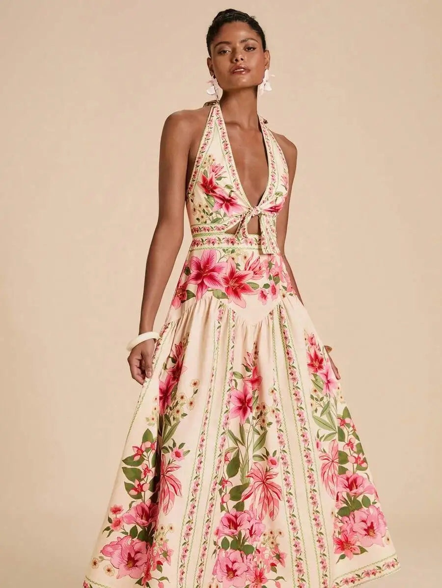 Elegant Floral Print Vacation Halter Backless Sexy Dress,Dresses For Women Summer