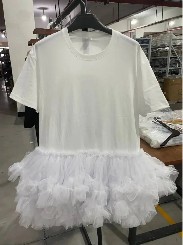 [EWQ] Fashion Streetwear Ball Gown Dress Solid Colors Spliced Irregular Mesh Loose Women Dresses 2025 Summer New Tide 16O6549