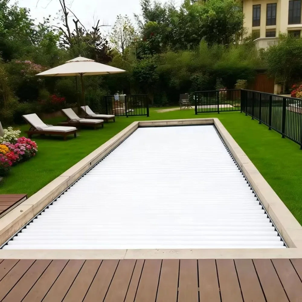 Automatic PC Pool Cover Fully Enclosed Safety, Waterproof Retractable Insulated Slatted Swimming Pool Protection Cover Outdoor