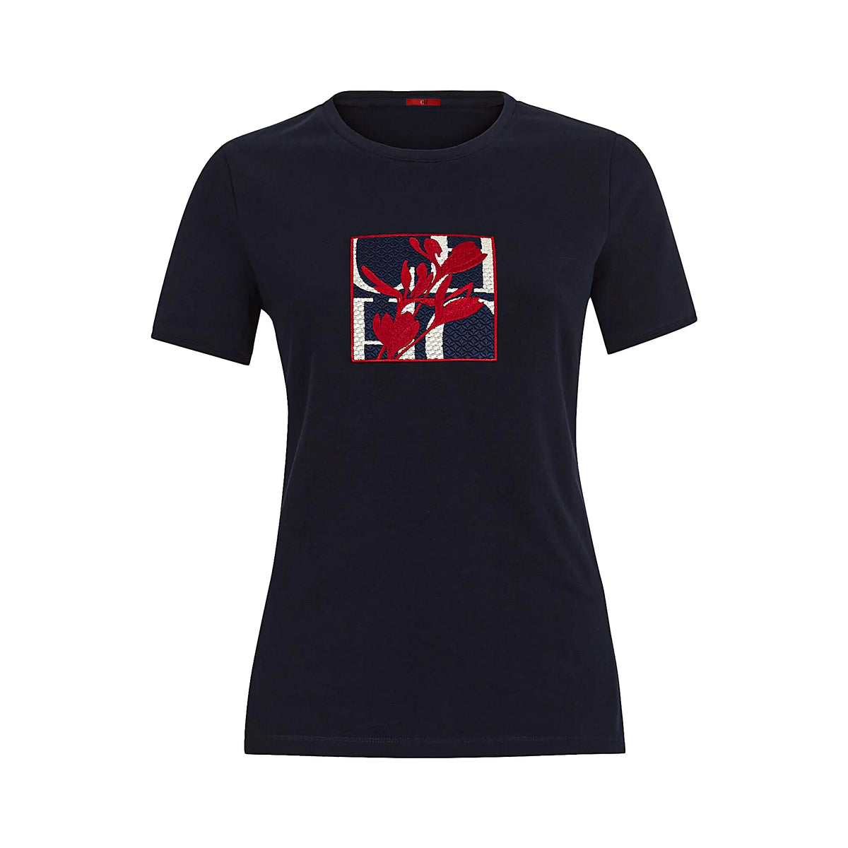CH Women's Short-Sleeved T-Shirt, with a Round Neckline and Featuring a Red Floral embroidery Design, a Casual Everyday Top