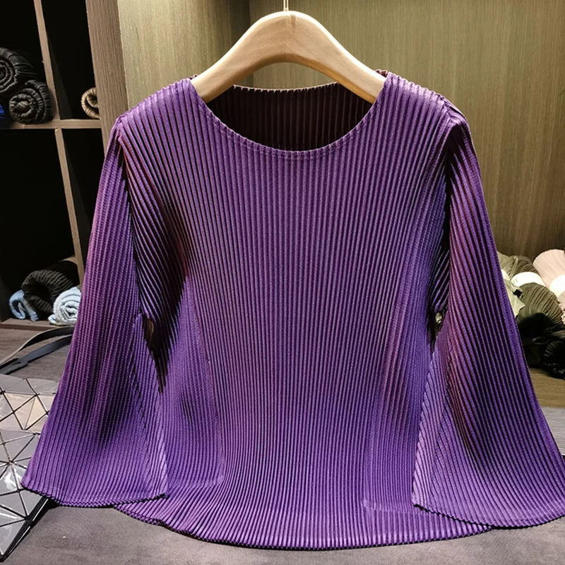 LANMREM High-end Turquoise Women's Pleated T-hsirt Flared Sleeve Long Sleeve Loose Fit Casual Stylish Pullover Top 2DB7543