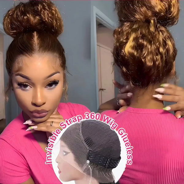 250Density Deep Wave Human Hair Wig 360 Full Lace Front with Hidden Strap 4/27 Blonde Highlights Pre Plucked Brazilian Curly Wig