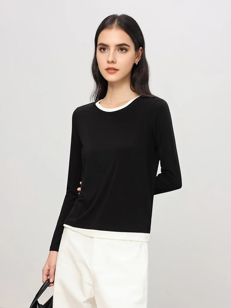 SuyaDream Women Cozy T Shirts, Silk Viscose Blend, Plain O Neck Long Sleeved Tee, 2025 Spring Autumn Basic Top, Black, Grey