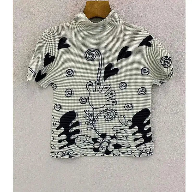 GVUW Printing Pleated T Shrit Woman Turtleneck Short Sleeve Pullover Elastic Slim Fit Tops High Street 2025 New Summer 17G1040
