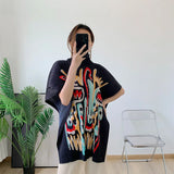 LANMREM Pleated Turtleneck Short Sleeves Women's Printing Long T-shirt Loose Casual Shawl Top Summer New Female Fashion 2DB8242