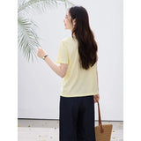 VIMLY Minimalist Office T-Shirt Women 2026 Summer New Fashion Round Neck Shell Beaded 100% Cotton Casual Short Sleeve Top A6050