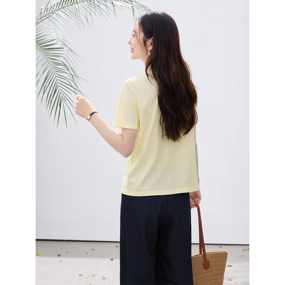 VIMLY Minimalist Office T-Shirt Women 2026 Summer New Fashion Round Neck Shell Beaded 100% Cotton Casual Short Sleeve Top A6050