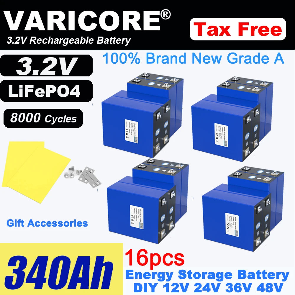 Grade A 3.2V 360AH 340Ah Battery LiFePO4 Lithium Iron Phospha for 12V 24V 4S E-scooter RV Solar Energy Storage System Duty-free