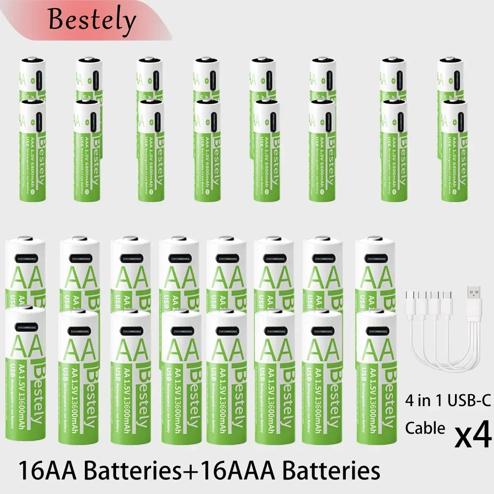 BaKKiter 1.5V AAA 6800mAh/ AA 13600mAh Rechargeable Lithium-ion Batteries Fast Charging Li-ion Battery 2000 Cycles /USB-C Cables