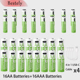 BaKKiter 1.5V AAA 6800mAh/ AA 13600mAh Rechargeable Lithium-ion Batteries Fast Charging Li-ion Battery 2000 Cycles /USB-C Cables
