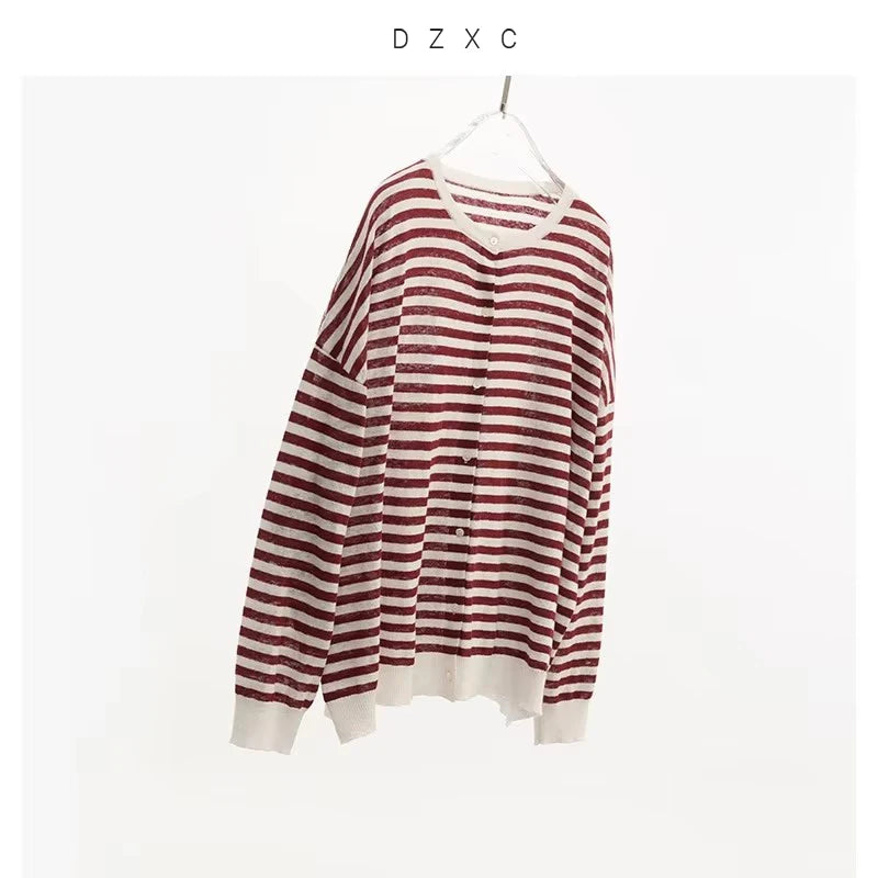 Cooling Fiber~ Cotton and Linen Striped T-Shirt, Women's Lightweight Long-Sleeve Knit Top, Loose Breathable Sun Protection Shirt, 2026 Spring/Summer New Style