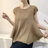 Pleated T-Shirt Summer New Simple Fashion Irregular Sleeveless Loose Casual Round Neck Women's Lightweight Stretch Top