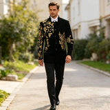 Men's Black Velvet Blazer with Gold Floral Embroidery, Slim Fit Suit Jacket for Wedding, Party, Banquet, Prom