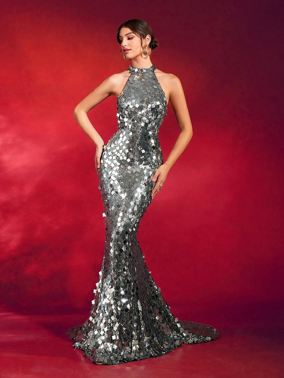 LOVE&LEMONADE Sexy Halter Neck Gold Sequin Backless Maxi Evening Dress for Women Wholesale Dropshipping LM86444
