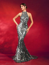 LOVE&LEMONADE Sexy Halter Neck Gold Sequin Backless Maxi Evening Dress for Women Wholesale Dropshipping LM86444