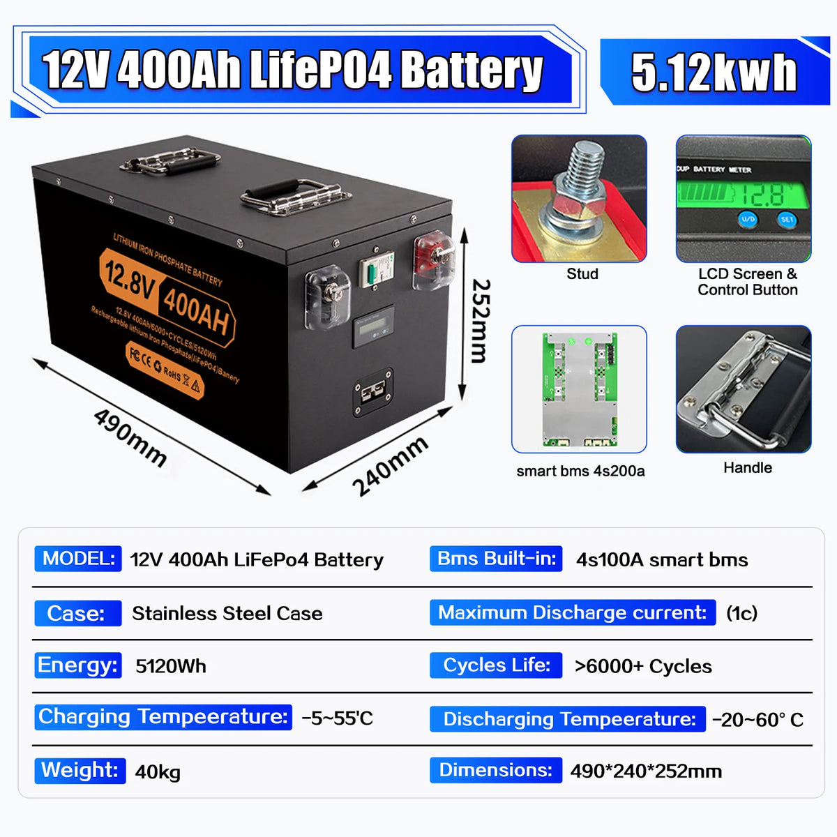 Brand New LiFePO4 12V 24V 48v 100ah 200ah 280ah 400Ah LiFePO4 Lithium Battery 100A BMS 6000+ cyclic for Inverter Solar RV No Tax