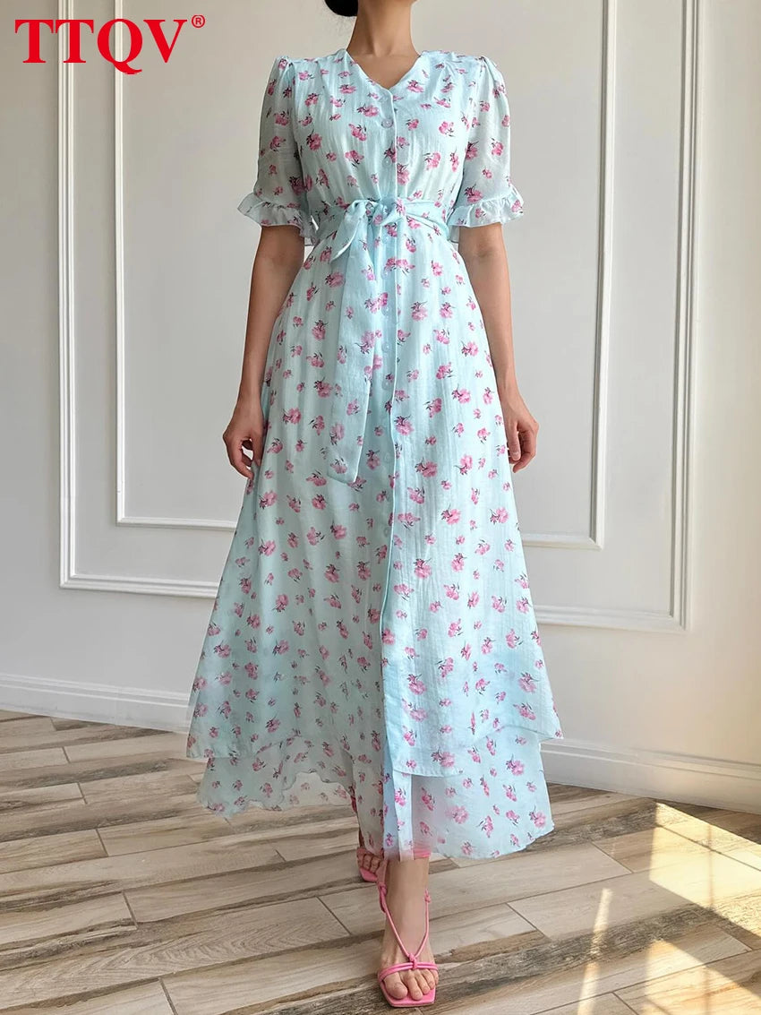 TTQV Summer Loose Print Women's Dress 2026 Fashion V-Neck Short Sleeve Ankle Length Dresses Elegant Classic Lace-Up Female Dress