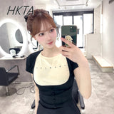 Summer New Chest Embroidery Contrasting Color Splicing T-shirt Women's Japanese Waffle Short-sleeved Slim-fit Tshirt Niche Top