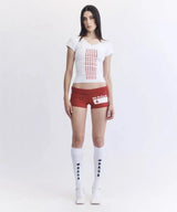 Raga Malak White V-neck Tight Fitting T-shirt with Red Logo Print, Elastic Slim Fit and Slimming Short Top