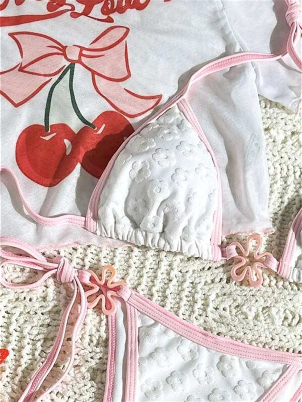 White Floral Jacquard Bikini Cherry Print Mesh Cover Ups Swimsuit Tankini Women 3 Piece Micro Thong Swimwear Korean Beach Outfit
