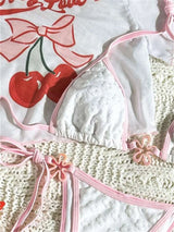 White Floral Jacquard Bikini Cherry Print Mesh Cover Ups Swimsuit Tankini Women 3 Piece Micro Thong Swimwear Korean Beach Outfit