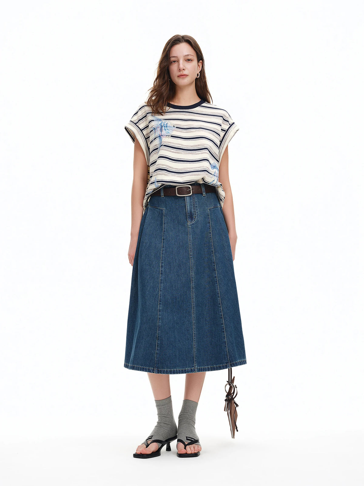 DUSHU Rhinestone Ocean Print Striped Raglan Sleeve T-Shirt 2026 Summer O-neck Leisure Holiday Loose Fit Cozy Print Top BF Chic