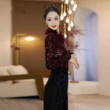 Beaded Half-high Neck Bottoming Shirt with New Velvet Lace Tops on the Autumn and Winter