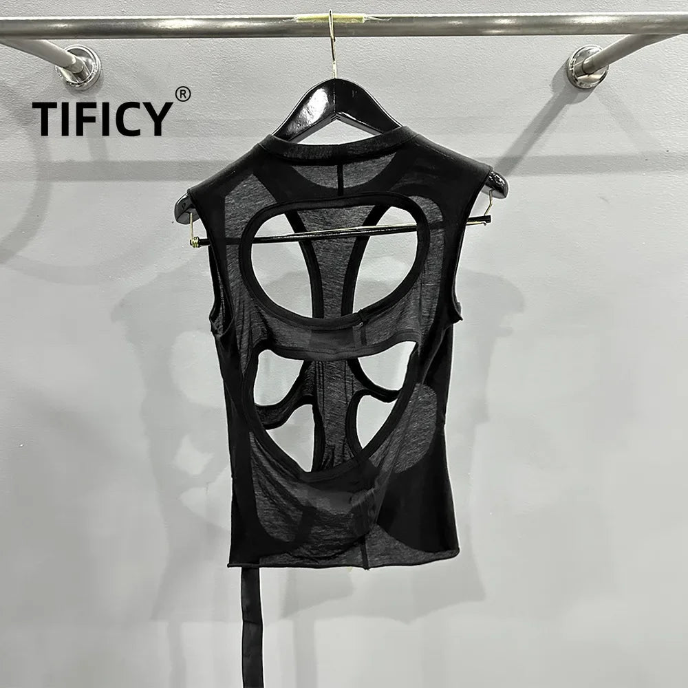 TIFICY High Street Cotton Hollow Out Tank Women's Style Personality Fashion Big Hole Design Outer Vest Top Tee Tanks Tshirt Tops