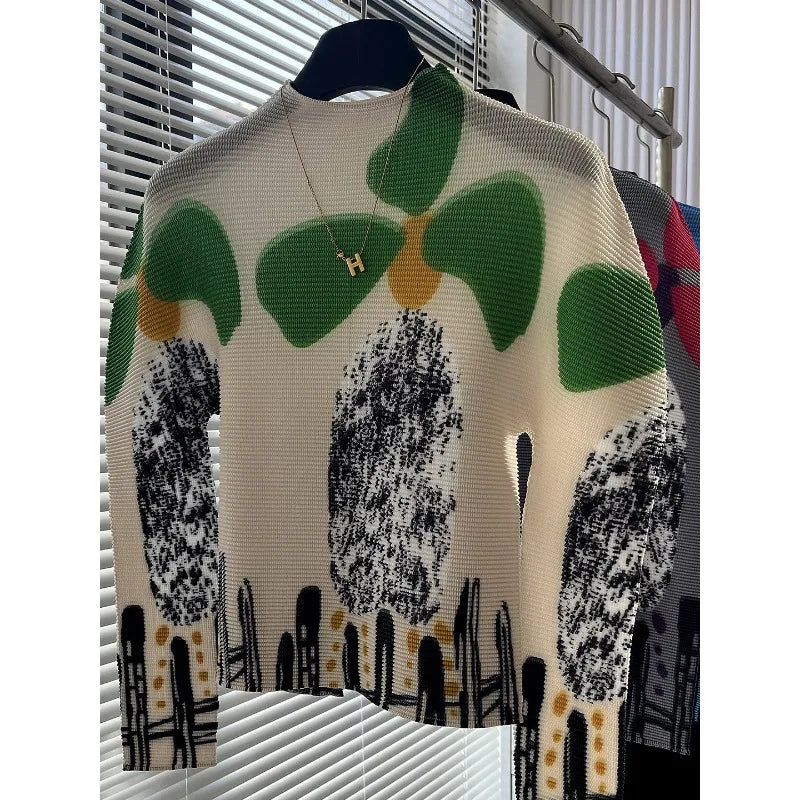 Miyake Pleated T-Shirt Plisse Unique Printed Long-Sleeve Pleats Top Spring/Summer 2026 Slightly High-Necked Fitted Fold T-Shirt