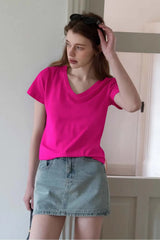 VIMLY Women's Casual V-neck Loose T-Shirt 2026 Summer Short Sleeve Cotton Blend Simple Commute Pullover Versatile Tees Top A0811