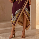 Vintage Bohemian Scarf Print Midi Dress Women Elegant Floral Sleeveless Wrap Dress Summer Asymmetrical Handkerchief Hem Fringe