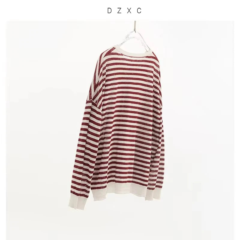 Cooling Fiber~ Cotton and Linen Striped T-Shirt, Women's Lightweight Long-Sleeve Knit Top, Loose Breathable Sun Protection Shirt, 2026 Spring/Summer New Style