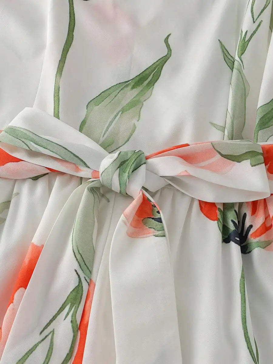 Women's Spring/Summer Floral Print Flower Ruffle Hem A-Line Dress, Elegant Sexy Golf White