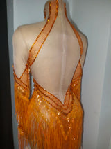 Sparkly Diamond Orange Tassel Long Sleeves Mesh Transparent Dress Women Latin Dance Outfits Bar Nightclub Party Club Stage Wear
