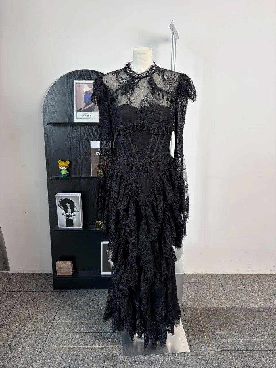 IEQJ Summer Stand Collar Lace Tassel Hollow Out Flare Sleeve Dress Women Boned Waist Tiered Mermaid Dresses New 3A2709