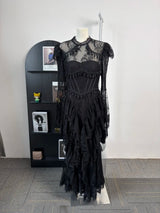 IEQJ Summer Stand Collar Lace Tassel Hollow Out Flare Sleeve Dress Women Boned Waist Tiered Mermaid Dresses New 3A2709
